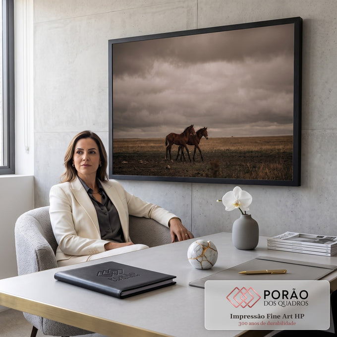 Dois potros marrons caminhando em campo aberto sob céu nublado e tempestuoso, quadro decorativo