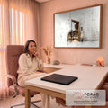 Quadro Decorativo Grande Fachada Moderna para Escritório | quadros decorativos | fachada moderna de vidro e madeira sobreposta a esboço técnico arquitetônico | em ambiente 2 | Porao dos Quadros