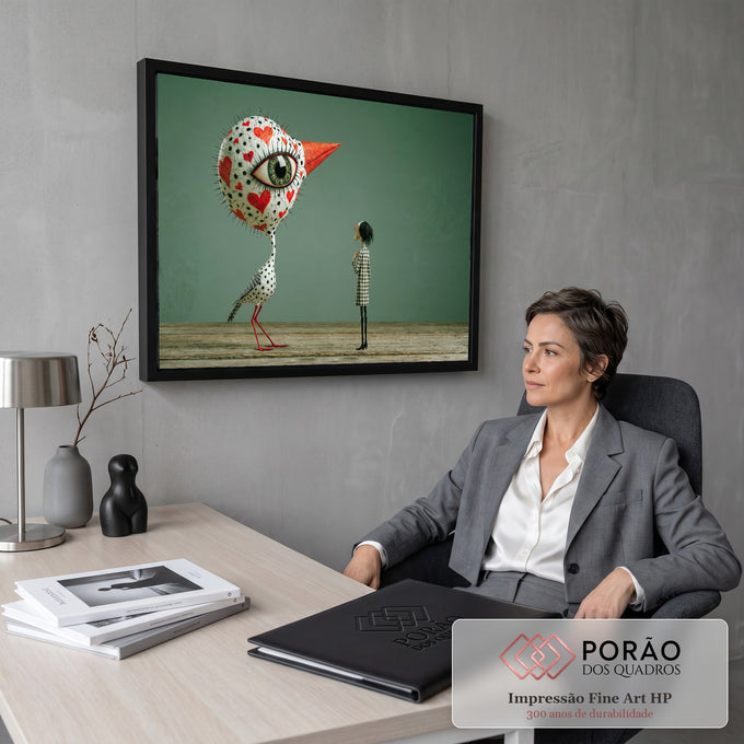 Pássaro surreal com corações vermelhos e olho gigante diante de figura xadrez, fundo verde, quadro decorativo