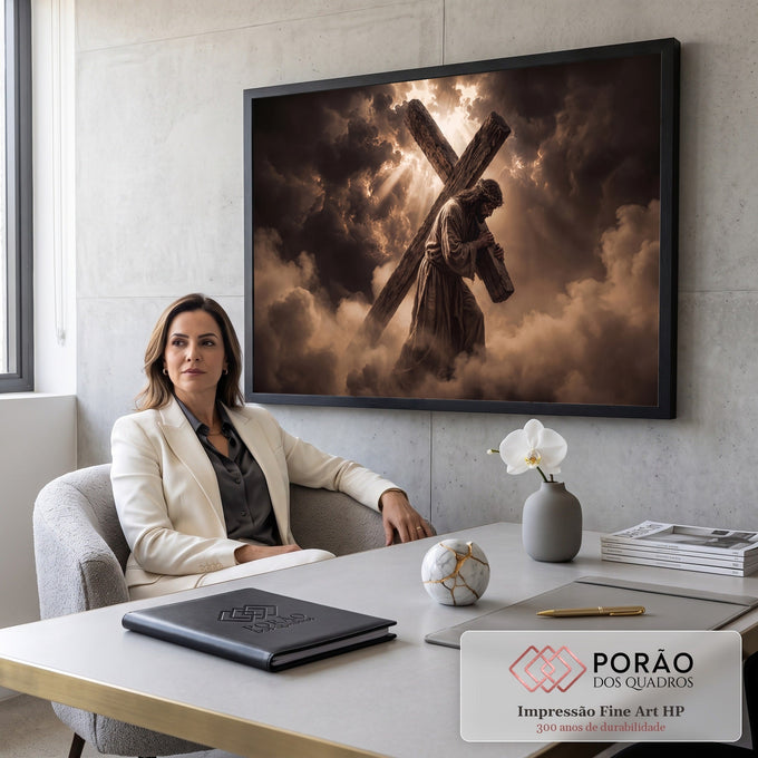 Jesus com coroa de espinhos carregando a cruz entre nuvens e raios de luz em sépia, quadro decorativo