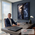 Quadro Decorativo Grande Jesus Crucificado para Sala Preto | quadros decorativos | Jesus crucificado contra céu tempestuoso com raios de luz e relâmpago | em ambiente 2 | Porao dos Quadros