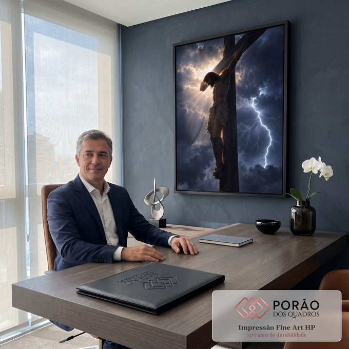 Quadro Decorativo Grande Jesus Crucificado para Sala Preto | quadros decorativos | Jesus crucificado contra céu tempestuoso com raios de luz e relâmpago | em ambiente 2 | Porao dos Quadros