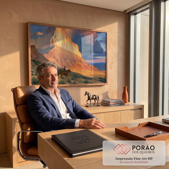 Quadro Decorativo Cavaleiros ao Pôr do Sol no Deserto | quadros decorativos | dois cavaleiros cruzando vale árido com montanha dourada e tempestade ao fundo | em Quadros para Escritorio | Porao dos Quadros