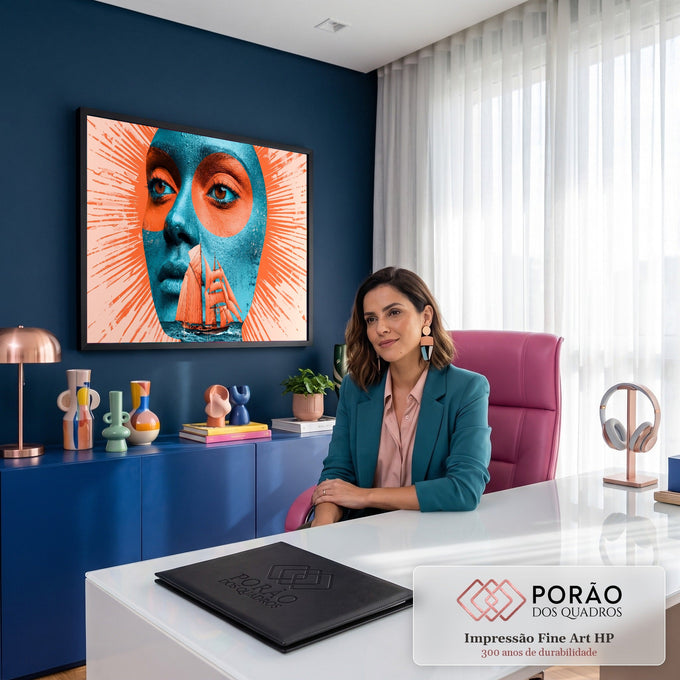 Quadro Decorativo Grande Rosto com Veleiro para Sala Azul | quadros decorativos | rosto em azul-petróleo com veleiro laranja sobreposto na boca e círculo laranja no olho | em ambiente 2 | Porao dos Quadros