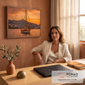 Quadro Decorativo Grande Veleiro Grego para Sala Laranja | quadros decorativos | veleiro de madeira ancorado em baía grega ao pôr do sol com farol ao fundo | em ambiente 2 | Porao dos Quadros