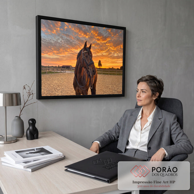 Cavalo baio de cabeçada no picadeiro de areia com céu laranja de pôr do sol ao fundo, quadro decorativo
