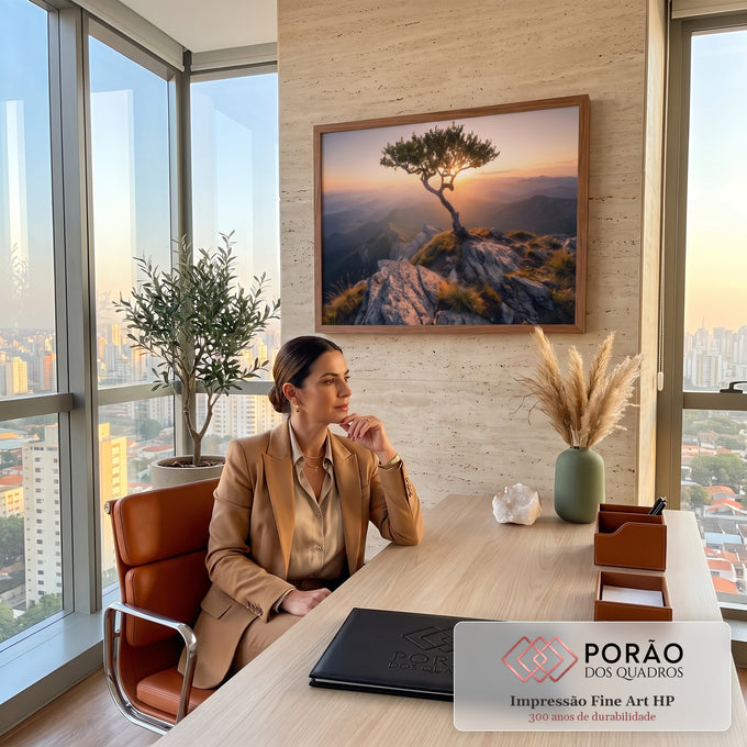 Quadro Decorativo Grande Árvore Solitária Montanha para Sala | quadros decorativos | árvore solitária em penhasco rochoso com pôr do sol e montanhas ao fundo | em ambiente 2 | Porao dos Quadros
