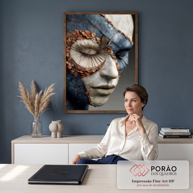 Rosto esculpido azul e branco craquelado com olho em leque e borboletas laranja, quadro decorativo