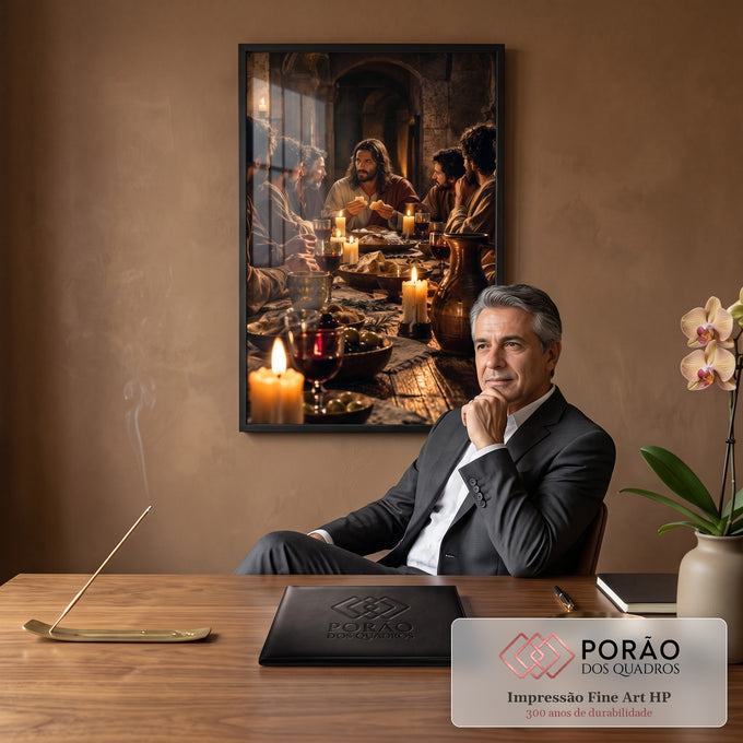 Quadro Decorativo Grande Última Ceia Jesus para Sala Marrom | quadros decorativos | cena da Última Ceia com Jesus e discípulos reunidos à mesa iluminada por velas | em ambiente 2 | Porao dos Quadros