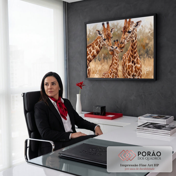 Quadro Decorativo Grande Família de Girafas Savana para Sala | quadros decorativos | três girafas, duas adultas e um filhote, se tocando com os focinhos em pintura a óleo | em ambiente 2 | Porao dos Quadros