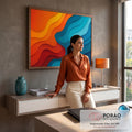 Ondas abstratas em camadas recortadas, laranja e vermelho de um lado e azul turquesa do outro, quadro decorativo
