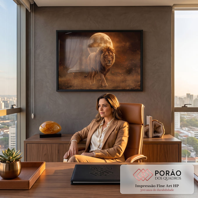 Quadro Decorativo Grande Leão Caminhando para Sala Laranja | quadros decorativos | leão caminhando com juba dourada diante de uma lua cheia em cena enevoada | em ambiente 2 | Porao dos Quadros