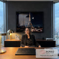 Quadro Decorativo Grande Torre Eiffel para Sala Preto | quadros decorativos | Torre Eiffel iluminada em dourado à noite com lua e céu estrelado ao fundo | em ambiente 2 | Porao dos Quadros