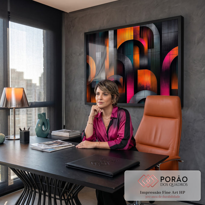 Quadro Decorativo Grande Arcos Geométricos para Sala Laranja | quadros decorativos | arcos geométricos coloridos em laranja, rosa e azul petróleo sobre fundo preto texturizado | em ambiente 2 | Porao dos Quadros