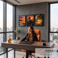 Quadro Decorativo Kit 3 Telas Farol Águia para Sala Laranja | quadros decorativos | farol, águia e onda em três cenas de pôr do sol laranja e dourado | em ambiente 2 | Porao dos Quadros