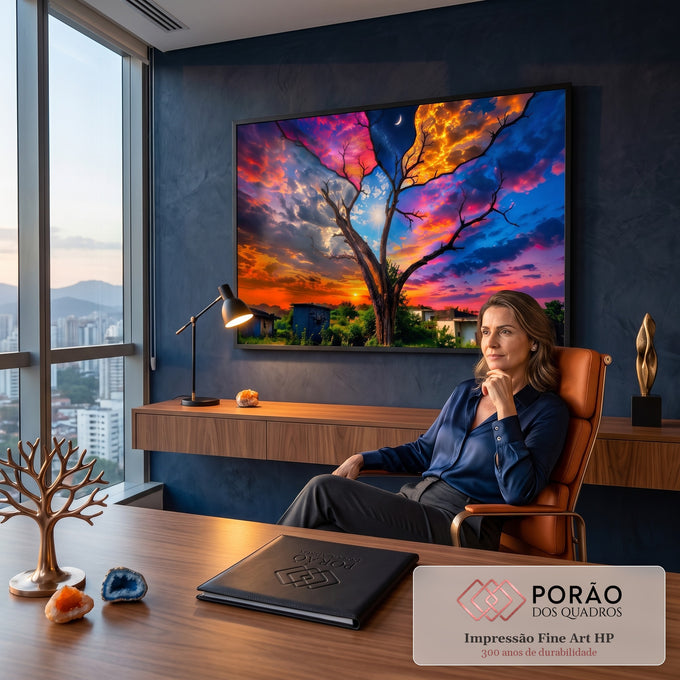 Árvore seca com céu dividido entre sol, lua crescente e pôr do sol colorido, quadro decorativo