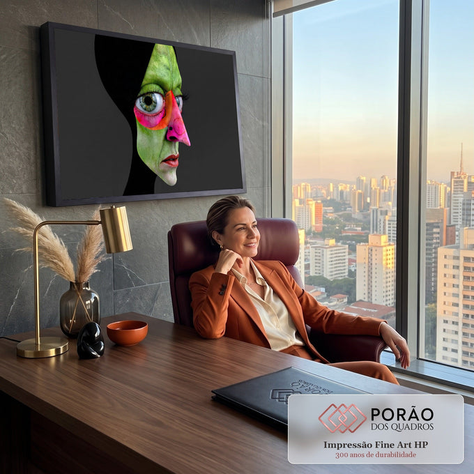Quadro Decorativo Grande Rosto Surreal para Sala Verde | quadros decorativos | rosto em perfil com pele verde texturizada e nariz rosa vibrante, olhos realistas | em ambiente 2 | Porao dos Quadros