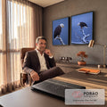 Quadro Decorativo Kit 2 Telas Águia Americana para Sala Azul | quadros decorativos | duas fotos de águia de cabeça branca pousada em galho nevado contra céu azul | em ambiente 2 | Porao dos Quadros