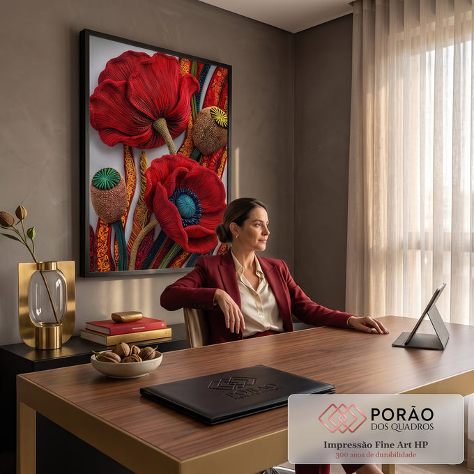 Duas papoulas vermelhas em relevo com cápsulas de sementes e caules ornamentais, quadro decorativo