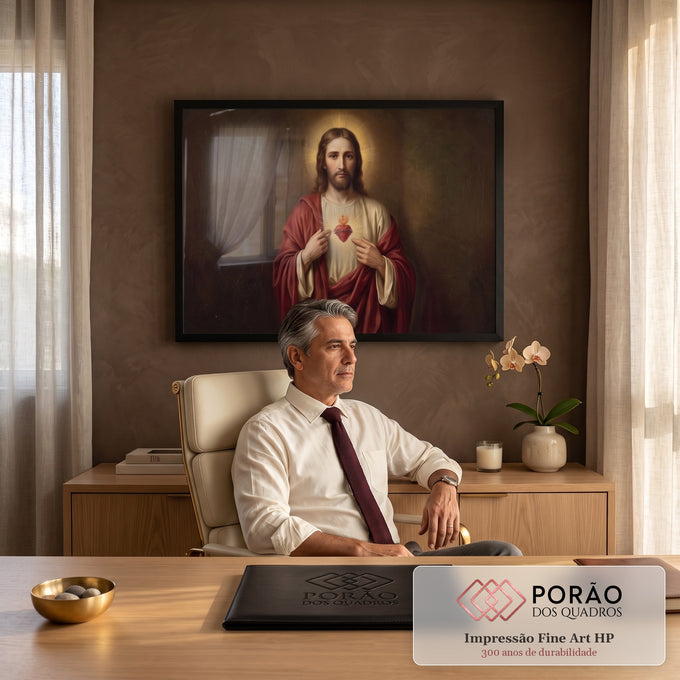 Quadro Decorativo Grande Sagrado Coração Cristo para Sala | quadros decorativos | Jesus Cristo apontando para o Sagrado Coração em chamas com coroa de espinhos | em ambiente 2 | Porao dos Quadros