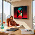 Faraó egípcio de perfil com coroa azul, pirâmide e sol vermelho em arte geométrica, quadro decorativo