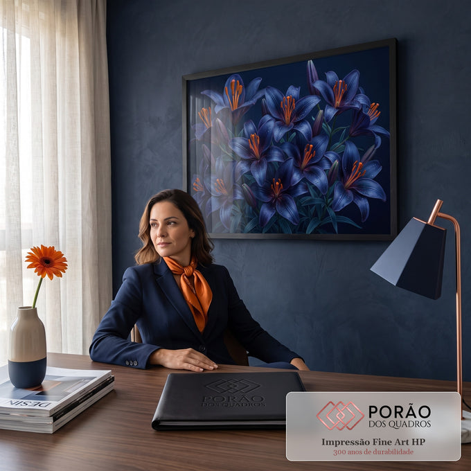 Quadro Decorativo Grande Lírios Azuis para Sala Azul | quadros decorativos | lírios azul-marinho com estames laranja e gotas de orvalho sobre fundo escuro | em ambiente 2 | Porao dos Quadros