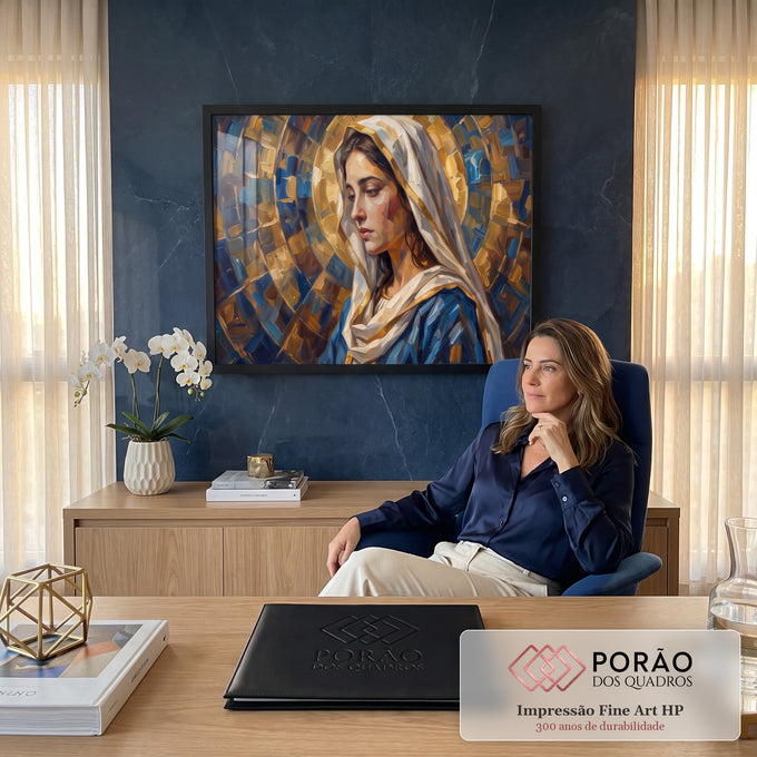 Quadro Decorativo Grande Nossa Senhora Azul para Sala Azul | quadros decorativos | mulher de véu branco e manto azul com halo dourado em estilo mosaico | em ambiente 2 | Porao dos Quadros