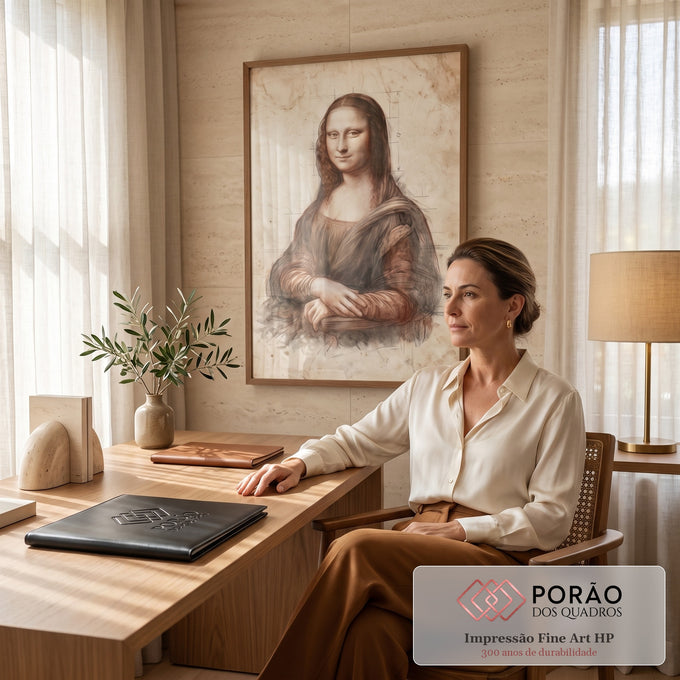 Mona Lisa desenhada em traço sépia com linhas de proporção sobre papel envelhecido bege, quadro decorativo