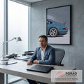 Traseira de Porsche 911 clássico azul com aerofólio ducktail e rodas em fundo cinza, quadro decorativo