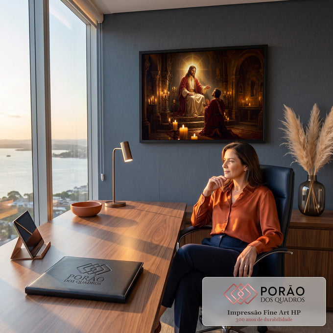 Jesus com auréola dourada abençoa um homem ajoelhado em uma catedral de pedra iluminada por velas, quadro decorativo
