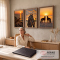 Quadro Decorativo Kit 3 Telas Pôr do Sol Gato para Sala | quadros decorativos | painel triplo com gato, cavalo e cães em cenas de pôr do sol | em ambiente 2 | Porao dos Quadros