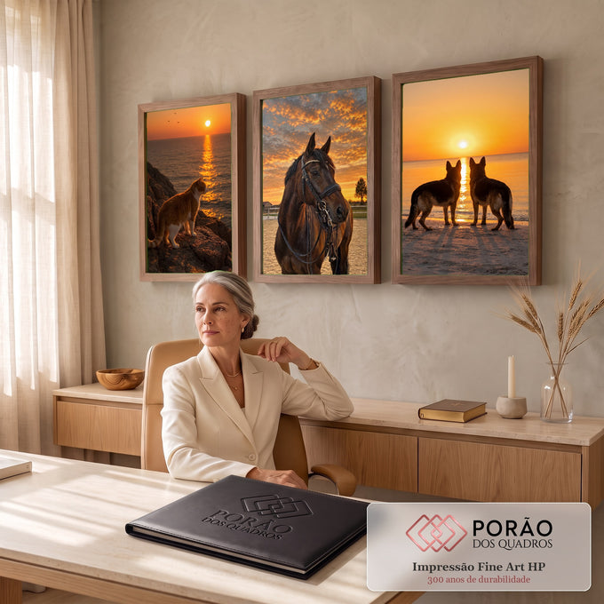 Quadro Decorativo Kit 3 Telas Pôr do Sol Gato para Sala | quadros decorativos | painel triplo com gato, cavalo e cães em cenas de pôr do sol | em ambiente 2 | Porao dos Quadros