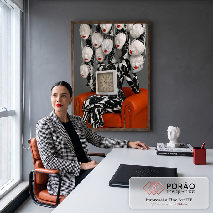 Figura arlequim com relógio, cabeças de manequim de lábios vermelhos e poltrona laranja, quadro decorativo