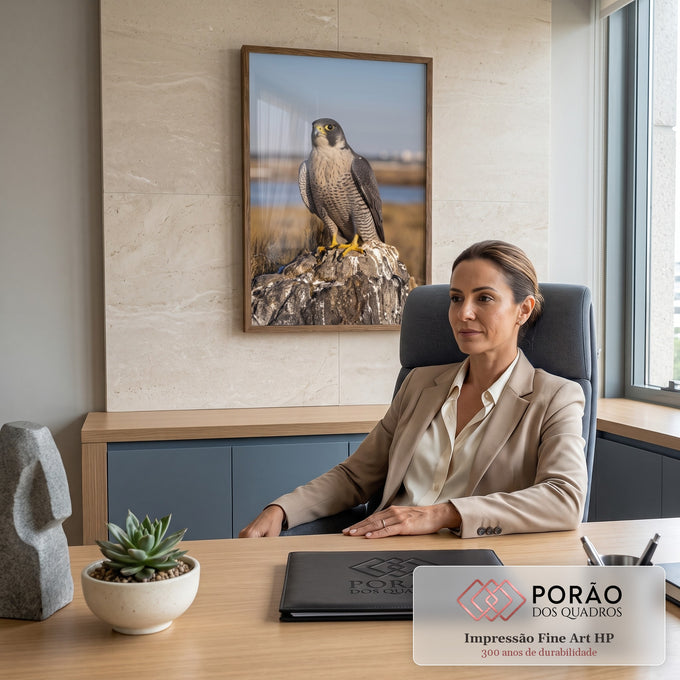 Falcão-peregrino de penas cinza listradas pousado em rocha, com campo dourado desfocado, quadro decorativo