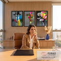 Quadro Decorativo Kit 3 Telas Rostos Dente-de-leão para Sala | quadros decorativos | tríptico surreal com rosto de um olho, escultura colorida e dente-de-leão florido | em ambiente 2 | Porao dos Quadros