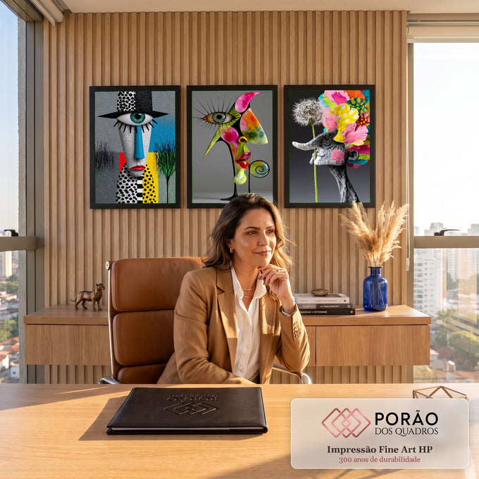 Quadro Decorativo Kit 3 Telas Rostos Dente-de-leão para Sala | quadros decorativos | tríptico surreal com rosto de um olho, escultura colorida e dente-de-leão florido | em ambiente 2 | Porao dos Quadros
