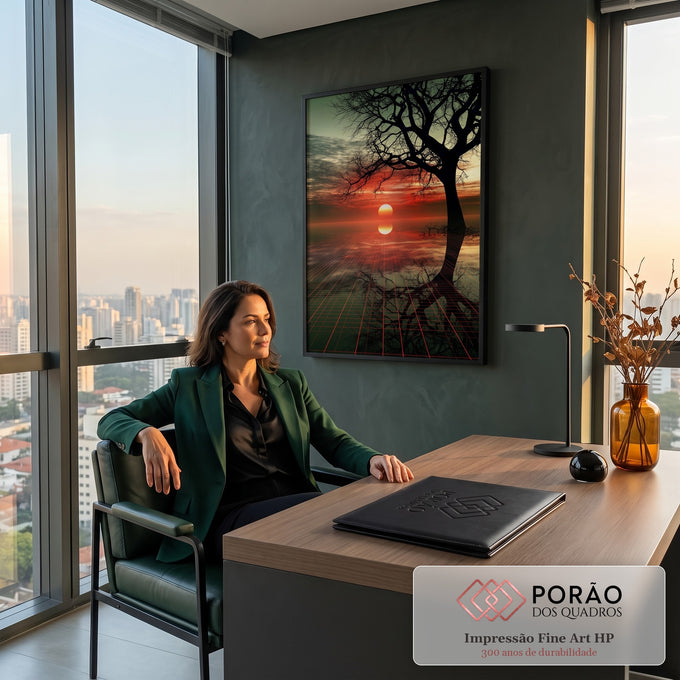 Árvore seca em silhueta, sol vermelho no horizonte e grade neon refletida na água, quadro decorativo