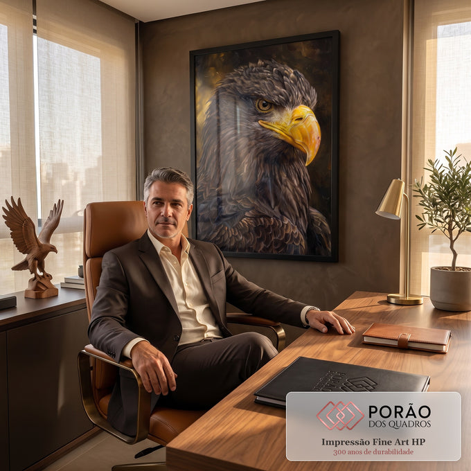 Pintura a óleo de águia em perfil, penas marrons, bico amarelo e fundo dourado, quadro decorativo