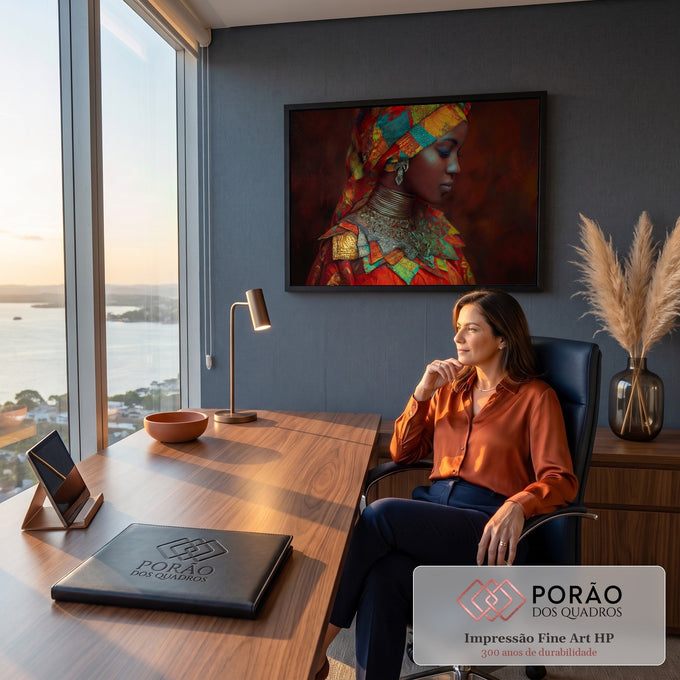 Mulher negra de perfil com turbante africano colorido e colares dourados em fundo vermelho, quadro decorativo
