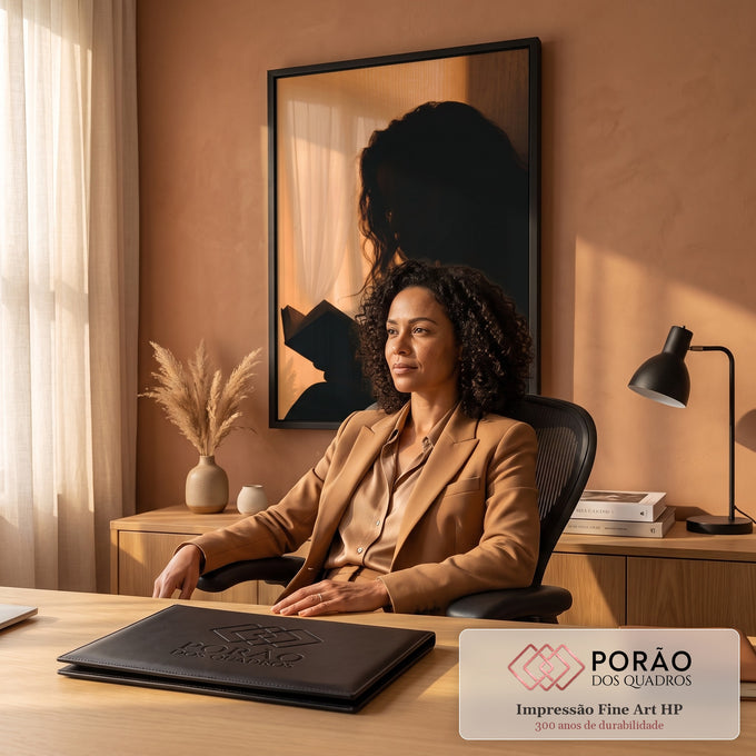 Quadro Decorativo Grande Silhueta de Mulher para Sala | quadros decorativos | silhueta de mulher de cabelo cacheado lendo livro sob luz laranja quente | em ambiente 2 | Porao dos Quadros