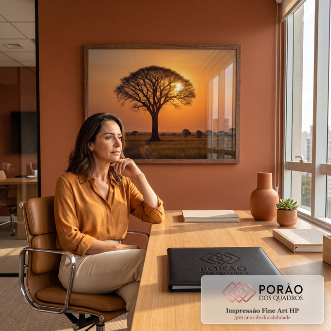 Quadro Decorativo Grande Árvore Africana para Sala Laranja | quadros decorativos | árvore em silhueta contra céu laranja de pôr do sol na savana | em ambiente 2 | Porao dos Quadros