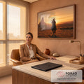 Quadro Decorativo Cavaleiro Indígena ao Pôr do Sol | quadros decorativos | cavaleiro indígena de costas ao pôr do sol com rocha ao fundo | em Quadros para Escritorio | Porao dos Quadros
