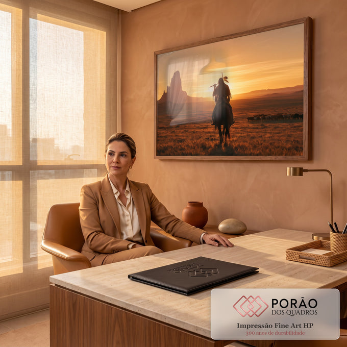 Quadro Decorativo Cavaleiro Indígena ao Pôr do Sol | quadros decorativos | cavaleiro indígena de costas ao pôr do sol com rocha ao fundo | em Quadros para Escritorio | Porao dos Quadros