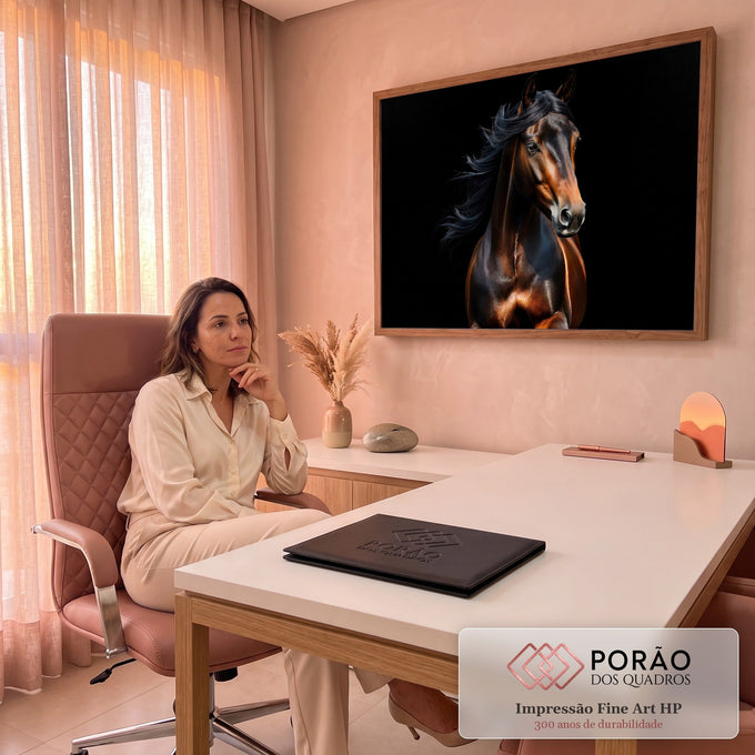 Quadro Decorativo Grande Cavalo Castanho Vento para Sala | quadros decorativos | cavalo castanho com crina preta ao vento sobre fundo totalmente preto | em ambiente 2 | Porao dos Quadros