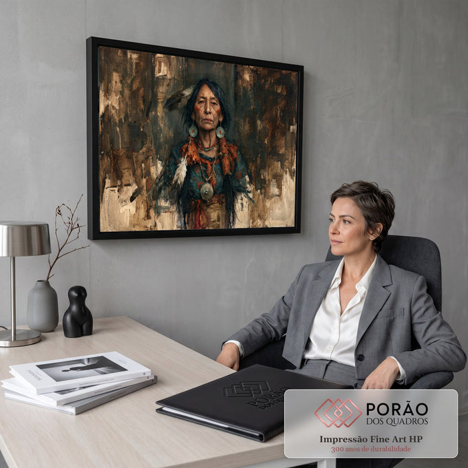 Retrato de anciã indígena com penas, brincos e colar turquesa sobre fundo terroso, quadro decorativo