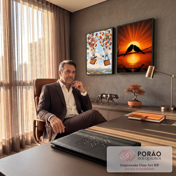 Quadro Decorativo Kit 2 Telas Balões de Livros para Sala | quadros decorativos | casal em balões de livros coloridos ao lado de pássaros silhuetados em pôr do sol alaranjado | em ambiente 2 | Porao dos Quadros