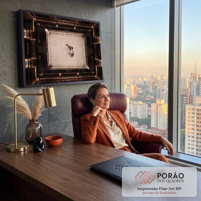 Vista aérea de dois boxeadores lutando em ringue claro numa arena escura com luzes douradas, quadro decorativo