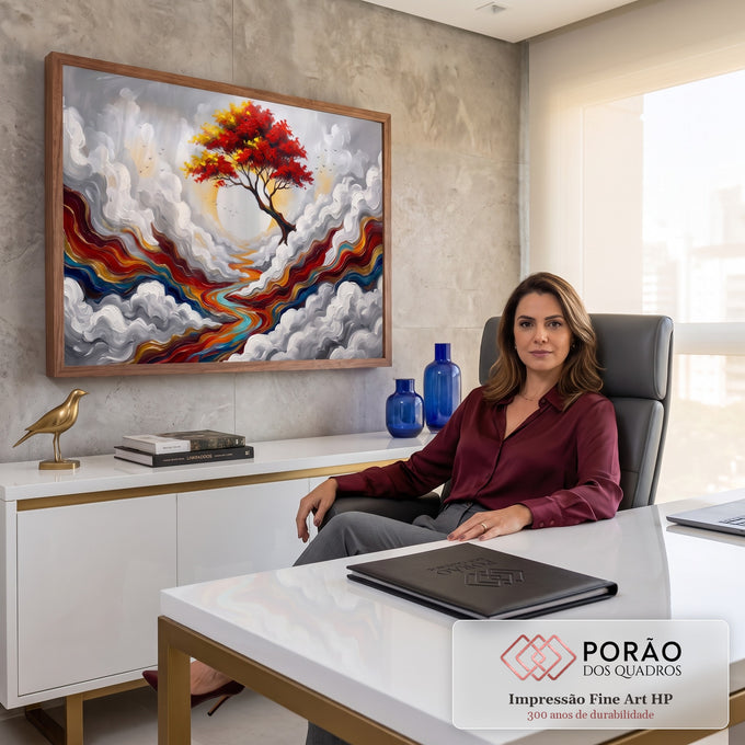 Árvore de copa vermelha diante de sol branco, nuvens cinzas em relevo e rio colorido, quadro decorativo