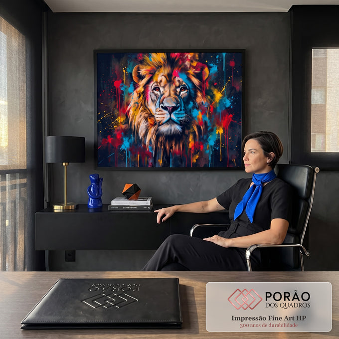 Quadro Decorativo Grande Leão para Sala Preto | quadros decorativos | leão de frente com juba dourada e respingos de tinta colorida sobre fundo preto | em ambiente 2 | Porao dos Quadros