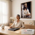Quadro Decorativo Grande Jesus Rei para Sala Branco | quadros decorativos | homem coroado com manto branco e dourado segurando livro sagrado em trono iluminado | em ambiente 2 | Porao dos Quadros